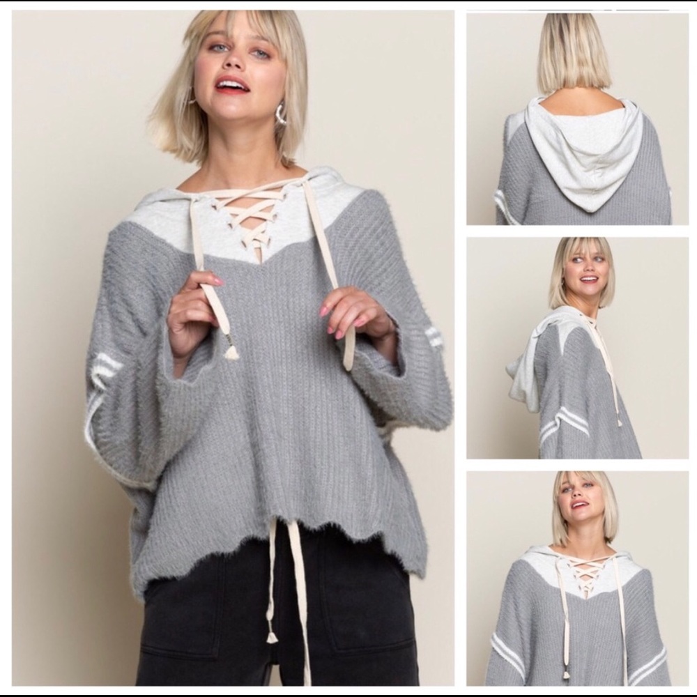 POL Gray/Oatmeal Mohair Hooded Sweater in Medium - Picture 2 of 7